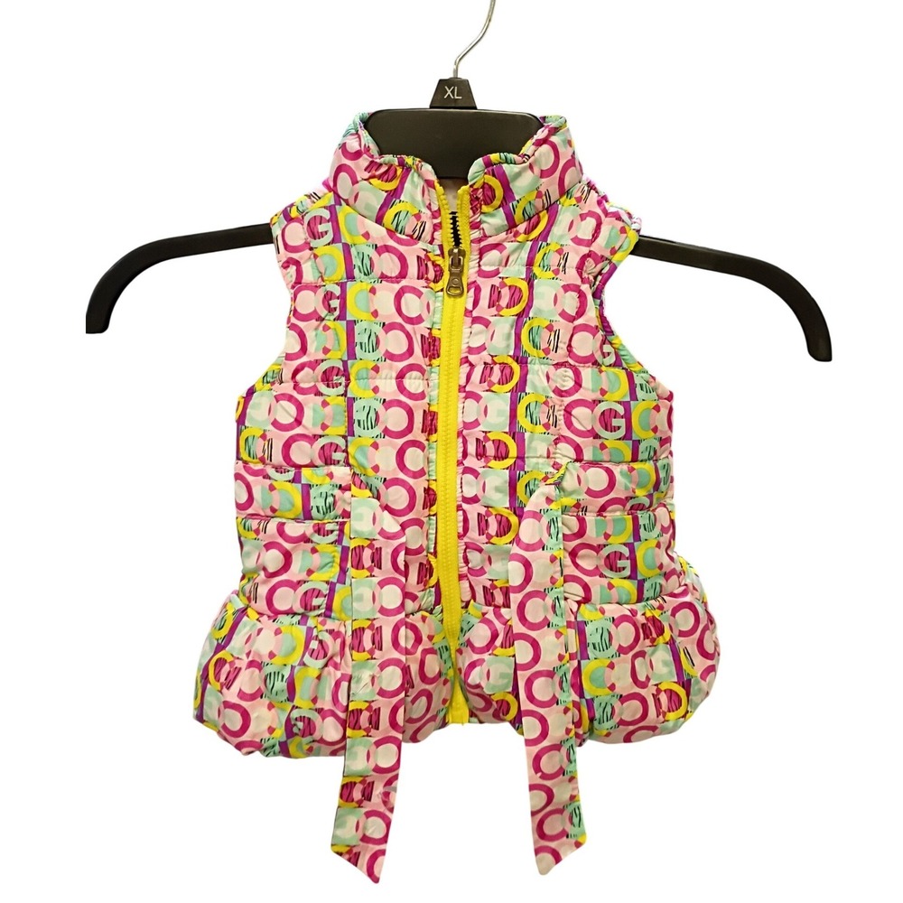 Coogi Baby Girls Pink Yellow Geometric Print Puffer Vest Peplum Hem 12M